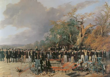 Ein Treffen der englischen königlichen Landwirtschaftsgesellschaft in Bristol, Detail von Maschinen und Bauern, 1842